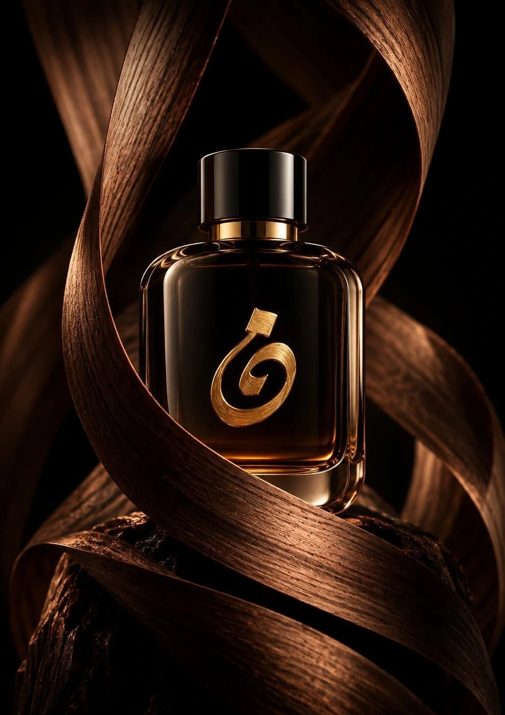 One of Thousand fragrance bottle framed by warm wood ribbons